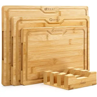 Bambus Schneidebrett Set 3-teilig mit Halter – Große Küchenbretter aus Bambus (40x28 / 36x24 / 30x20 cm), Doppelseitig mit Saftrille für Fleisch, Gemüse & Brot