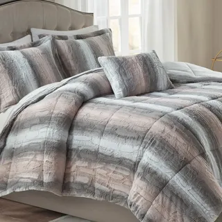 Madison Park Zuri Weiches Plüsch-Steppbett aus Kunstfell, Tier-Streifendesign, Kunstnerz auf der Rückseite, Moderne Ganzjahres-Bettwäsche-Set mit passendem Kissenbezug, Full/Queen, Blush/Grau