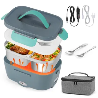 Elektrische Lunchbox Speisenwärmer Auto 3 In 1(12V/24V/220V) 1,5L mit Gabel Löffel, 75w Abnehmbare Edelstahl Heizungs Lunchbox Elektrisch Brotdose Tragbarer Warmhaltebehälter für LKW Haushalt Camping