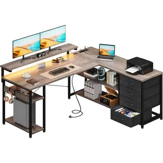 ODK LED Gaming Schreibtisch L Form mit Schubladen 135×110cm - Weiß