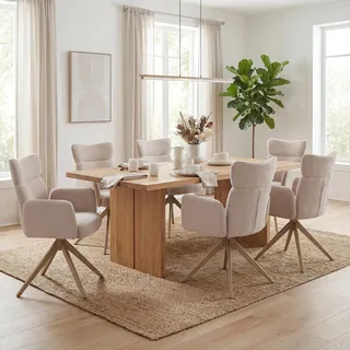 6er-Set Esszimmerstuhl HWC-N11, Stuhl, drehbar Auto-Return Stoff Bouclé 350g/m2 beige, Beine Holz-Optik - Beige