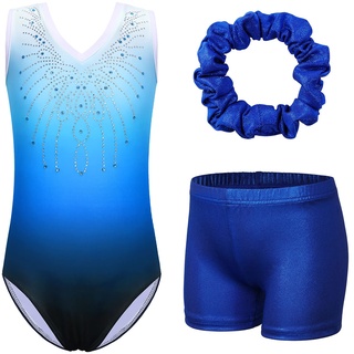 ZNYUNE Kinder Gymnastik Trikot Klassisch Gymnastikanzug 3er Set Anzug für Mädchen B180 Blue 10A