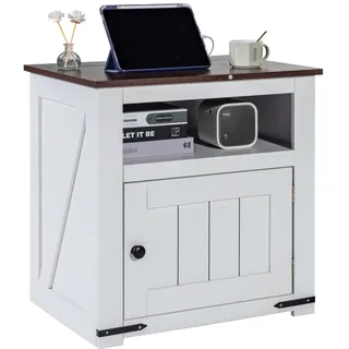 Vevor Farmhouse Beistelltisch, quadratischer Nachttisch mit USB-Anschlüssen und Steckdosen, 3-stufiger Beistelltisch mit Aufbewahrungsschrank, ideal für Wohnzimmer Schlafzimmer Büro, weiß