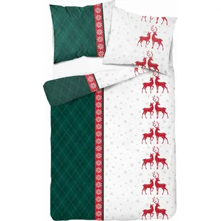 Flanell-Bettwäsche-Set 140x200 WEIHNACHTEN RENTIER Kariert Grün