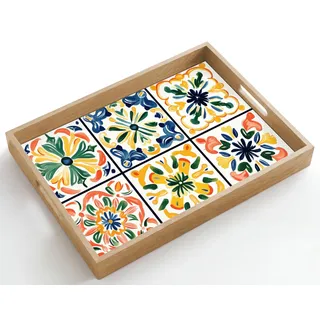 OnlyWow© Serviertablett Servierplatte Eiche Holz Tablett Mit Henkel Tray | 50x35 cm - Rechteckig - Kratzfest Kaffeetablett Tabletts Teetablett Spanisch - Kacheln - Keramik - Blumen
