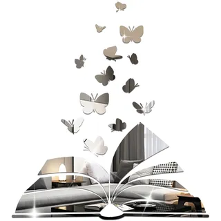 Shackcom 3D Wandtattoo Buch mit 13 Stück Schmetterlingsspiegel Wandaufkleber Acrylspiegel Wandaufkleber DIY Wandtattoo Dekoration Wohnzimmer Schlafzimmer Dekoration