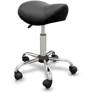 Quirumed Pony-Hocker, ergonomisch, mit Stahlgestell, Schwarze Farbe, Kunstlederpolsterung, höhenverstellbar, gepolsterter Sitz, drehbare Räder, bis 150 kg