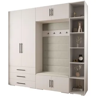 Abiks Möbel Garderoben-Set 236,7/240/47 , Weiß, Beige, Schwarz , Metall , Nachbildung , 13 Fächer , 240x236.7x47 cm , Garderobe, Garderoben-Sets & Garderoben-Serien, Garderoben-Sets