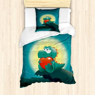 ABAKUHAUS Dinosaurier Mantele, Romantische Dino, Milbensicher Allergiker geeignet mit Kissenbezügen, 135 cm x 200 cm - 80 x 80 cm, Teal orange - Orange