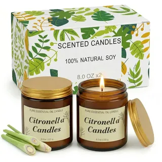Citronella Kerze Outdoor 2er Set, Sojawachs Duftkerze im Glas, Draußen Zitronella Kerzen, Citronella Duftkerze Kerze für Garten, Balkon und Camping, Garten,Terrasse, Picknick,Sommer Geschenk