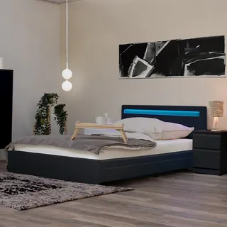 HOME DELUXE - LED Bett NUBE - Dunkelgrau, 140 x 200 cm - inkl. Matratze, Lattenrost und Schubladen I Polsterbett Design Bett inkl. Beleuchtung - Dunkelgrau