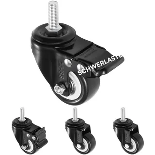 H&S 4x 50mm Möbelrollen - Rollen Möbel Lenkrolle mit M10 Gewinde - 4 Schwerlastrollen - 4 Lenkrollen Transportrollen - 4 PU Gummi Rollen Schwerlast - Möbelrollen mit Bremse