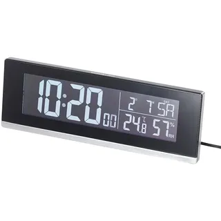 infactory Tischuhr mit Thermometer: Tisch-Funkwecker mit Thermometer, Hygrometer und USB-Ladebuchse, 2 A (Tischfunkuhr, Funkuhr beleuchtet, Apple iPhone Ladekabel)