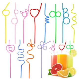 12 Stück Wiederverwendbare Strohhalme, Bunte Strohhalme Plastik, Lockige Party Trinkhalme, Strohhalmes Plastik für Milch,Saft,Cocktails,Dekorationen für Kindergeburtstagsfeier