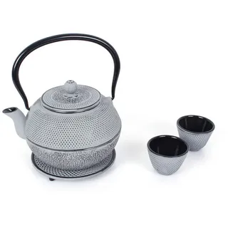 Echtwerk Teeservice aus Gusseisen, Teekanne 1,1 L mit abnehmbarem Sieb, Teebereiter mit Untersetzer, Teekannen-Set im Vintage-Design für Zubereitung von losem Tee, Grau