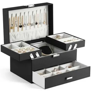 Dajasan Schmuckkästchen, Schmuckaufbewahrung, 3 Ebenen PU-Leder Schmuckschatulle mit 1 Schubladen, Groß Schmuckbox für Schminktisch, Modern, Geschenk für Frauen & Mädchen (Schwarz)