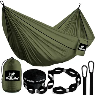 MalloMe Einzel Hängematte (285 x 140cm) Ultraleichte Reise Camping Hängematten für Outdoor 2 Personen oder 1 Kinder & Erwachsene Atmungsaktives Wasserdichtes Fallschirm-Nylon, inkl. Premium Karabiners