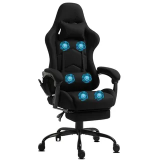 Delman Gaming Stuhl Racing Stuhl Bürostuhl Computerstuhl Massagefunktion mit 6 Vibirationspunkten Chefsessel Stoff 02-0036BK - Schwarz