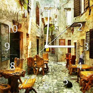 Wallario Design Wanduhr Italienische kleine Gasse aus Echtglas, Größe 30 x 30 cm - Gelb