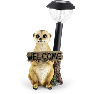 EasyMaxx Solar-LED Erdmännchen mit Laterne & Welcome-Schild | Kabellos mit automatischem Tageslichtsensor | Detailgetreu & handbemalt | Dekorativ für Garten, Balkon, Terrasse | 8 Stdn. Leuchtdauer
