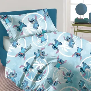 Disney Stich Blu Bettwäsche-Set für Einzelbett, aus Flanell aus Reiner Baumwolle, Bettbezug + Spannbettlaken + Kissenbezug