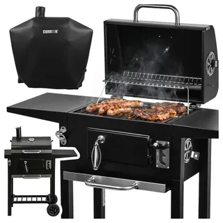Grosser Holzkohlegrill Grillwagen Premium XXL mit Deckel Gartengrill Gusseisenrost Thermometer 62x42cm große Grillfläche Outdoor