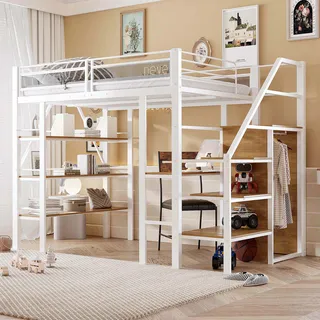Flieks Etagenbett 140x200cm mit Schreibtisch und Bücherregal, Kinderbett Jugendbett mit Rausfallschutz, Hochbett mit Treppe und Garderobe, Weiß - Weiß