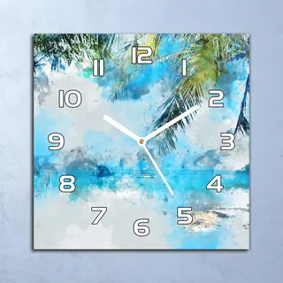 Deko Glasuhr Wanduhr 30x30 Paradies Strand Quarz Küchenuhr Bürouhr - Blau