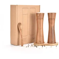 figg Salz und Pfeffermühle Holz groß (20 cm) - Set - Gewürzmühle mit Keramikmahlwerk inkl. Holzlöffel und Holz-Untersetzer - Geeignet als Pfeffer und Salzmühle