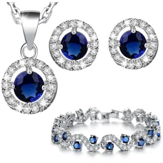 Crystalline Azuria Rund Blau Zirkonia Kristalle Schmuck-Set Halskette Anhänger Ohrringe Armband 18 kt Weiß Vergoldet