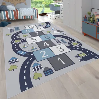 Paco Home Kinder-Teppich Für Kinderzimmer, Spiel-Teppich Mit Hüpfkästchen und Straßen, grau, cm