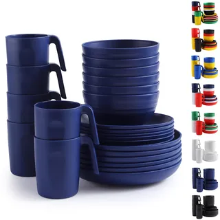 Berglander Plastikgeschirr Sets 24 teiliger für 6 Personen, EUR Blau Mehrweg Teller und Schüssel Sets mit Speisetellern, Desserttellern, Müslischalen, Tassen für Zuhause, Garten, Picknick, Camping