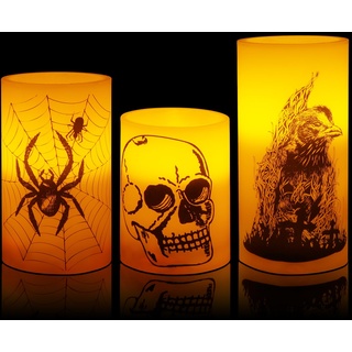 Hysagtek Halloween Flammenlose Stumpenkerzen, 3 LED -Kerzen mit 6H Timer, Batteriebetrieb, Rabe, Spinne, Schädel für gruselige Tisch- und Heimdekoration (Batterien nicht enthalten)