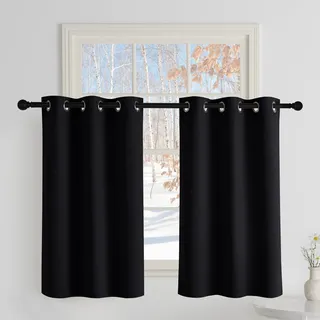 PONY DANCE Scheibengardinen Blickdicht Kurzgardinen Küche Bistrogardine 2er Set H 100 x B 90 cm Verdunklungsvorhänge mit Ösen Kurze Vorhänge Lichtundurchlässig, Schwarz