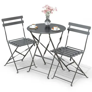 VOUNOT Bistroset 3-teilig, Klappbar Bistrotisch mit 2 Stühlen, Gartenmöbel Set Balkonset Gartengarnitur, Sitzgruppe Metall, Bistro Set Outdoor, Grau