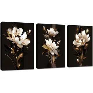 3 Pcs Leinwandbilder Bilder mit Rahmen Schwarz Gold Pfingstrose Blumen bild auf leinwand Wandkunst Wandbilder Kunstdruck Deko für Wohnzimmer Schlafzimmer fertig zum Aufhängen 120x60cm(40x60x3)