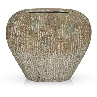 Flache Keramikvase Modern – Schmale Ribbed Vase für Pampasgras & Kunstblumen, Dekovase Keramik für Tisch, Regal & Sideboard, Boho Blumenvasen Wohndeko, Rustikal - 17 cm Hohe