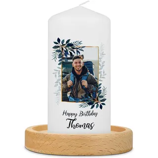 GRAVURZEILE Bedruckte Kerze - Happy Birthday Foto - Blau - 120/57 | Geburtstagskerze - Personalisiert mit Namen & Foto - Hochwertige Stumpenkerze