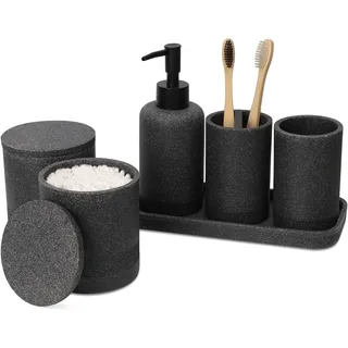 ZCCZ Badezimmer Set – 6 Teile – Badezimmer Organizer mit Zahnbürstenhalter, Seifenspender, Seifenschale, für Kosmetik u. Wattestäbchen – Edle Badezimmer Deko in Marmor-Optik, schwarz