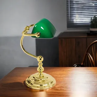 Bankerlampe Tischlampe E14 29 cm in Messing poliert Grün massiv Jugendstil