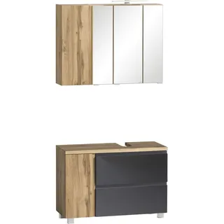 Held Möbel 2-tlg Unterbecken-Set Ancona 85cm Mattgrau-Wotaneiche Ausschn. rechts