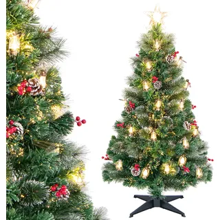 COSTWAY 150cm Weihnachtsbaum künstlich mit Tannenzapfen, Petroleumlampen & roten Beeren, Tannenbaum mit LEDs, 8 Modi, Glasfaser & Sternspitze, Grün - Grün, Weiß