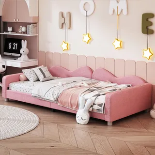 Schlafsofa - 90 x 200 cm , Rosa , Teddy-Stoff , mit gepolstertem Kopfteil , Sofa und Gästebett für Wohn- und Gästezimmer - Rosa