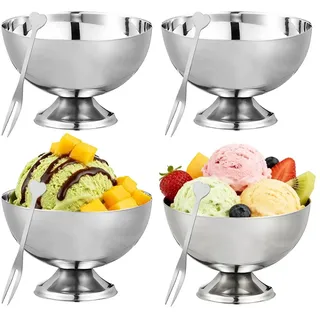Tutamaz Edelstahl Eisbecher, 4er Dessertschalen mit Fuß Ø10cm Sundae Dessertgläser Runde Form Dessert Schale für Ice Cream Desserts Obst Salat Joghurt Fruchtpudding für Hochzeit Party Café Restaurant