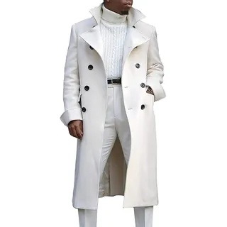 Zweireihiger Langer Trenchcoat für Herren Winter Windbreaker Mantel mit Revers Lässige Schmal Geschnittene Business Erbsenjacke (Weiß,M)