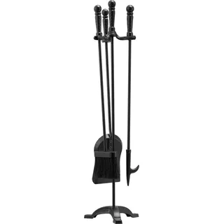 Kaminbesteck-Set, 4-teiliges Kaminbesteck-Set und Halter mit dreizinkigem Ständer, Ascheschaufel, Bürste, Kaminrechen, schmiedeeisernes Kaminzubehör für Lagerfeuer im Innen- und Außenbereich, schwarz - Schwarz