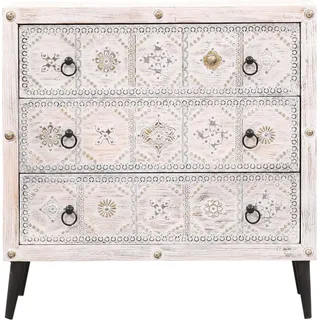 Marrakesch Boho Kommode mit Schubladen aus Holz weiß 80cm groß | Orientalische Deko kleines Sideboard Komode Vaqui Handarbeit für stilvolle Aufbewahrung & Vintage Deko im Wohnzimmer & Schlafzimmer - Braun, Weiß