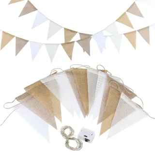3 Stück Wimpelkette Leinen, Wimpelkette Outdoor Wetterfest, Vintage Girlande Outdoor mit 3 Meter Lichterkette, Wimpel Girlanden für Girlande Hochzeit, Boho-Party, Gartendeko (12 Wimpel, 3,5 m)