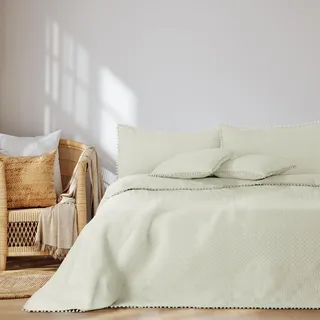 AmeliaHome Tagesdecke mit Pompons 170x270 cm Bettüberwürf zweiseitig Ultrasonic Steppung Polyester Meadore Creme