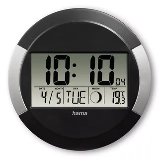 Hama Wanduhr Digital mit Funk (Funkuhr ohne tickgeräusche, Digitaluhr mit LCD-Display, Thermometer, Kalender, Mondphase, inkl. Batterie zum aufhängen oder hinstellen) schwarz- Silber